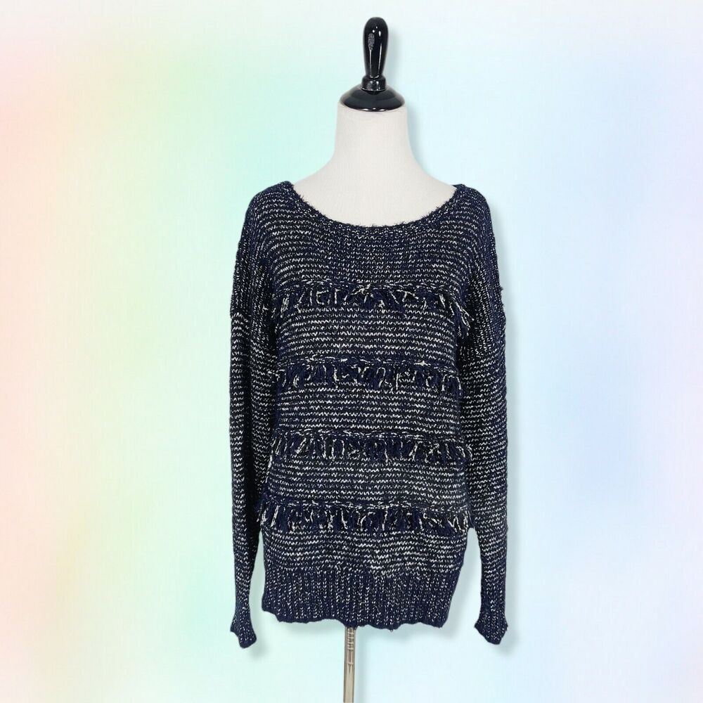 JOIE M CAMILLE CREWNECK FRINGE SWEATER HEATHER MIDNIGHT BLUE